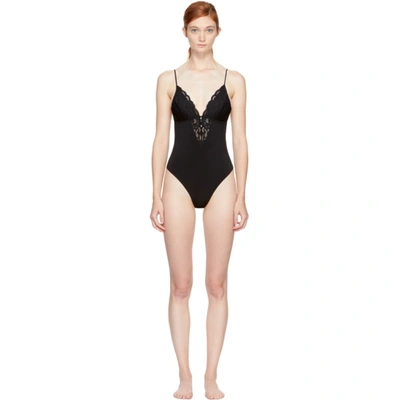 Fleur Du Mal Charlotte Lace V Neck Bodysuit In Black