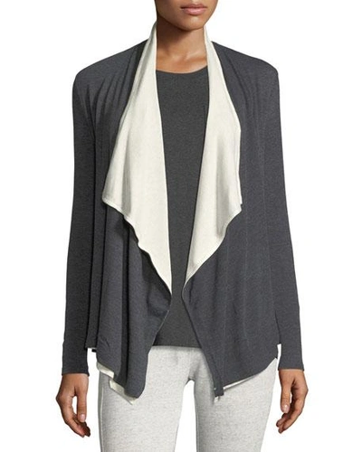 Three Dots Open-front Layered-hem Cardigan, Charcoal/gardenia In Charcoal C