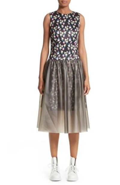 Paskal Floral Print Fit & Flare Dress With Vinyl Skirt In Blurred Flowers On Black