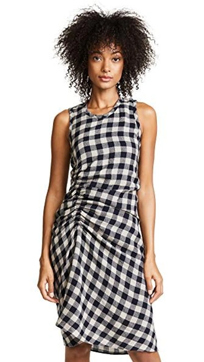 James Perse Ruched Checked Wool And Linen-blend Dress In