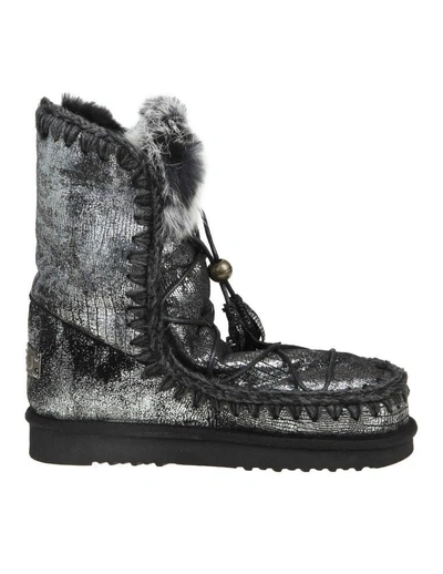 Mou Boote Eskimo Dream Lace Up & Fur In Laminated Leather And Black In Silver-black