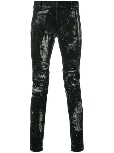 Balmain Painted Look Biker Jeans In Black