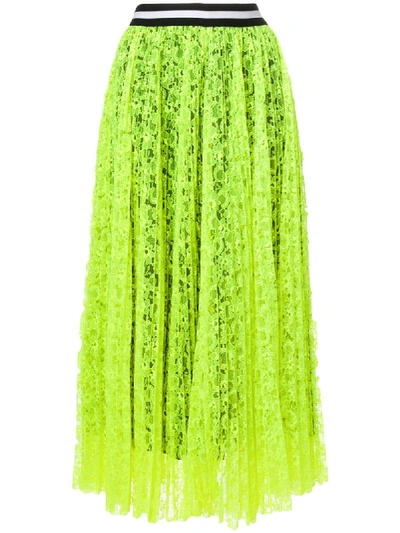 Msgm Woman Pleated Neon Corded Lace Midi Skirt Chartreuse In Green