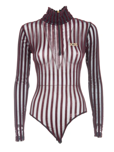 Gcds Velvet Stripe Bodysuit In Bordeaux