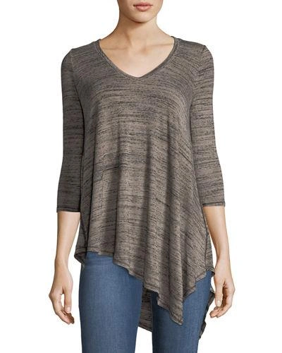 Three Dots 3/4-sleeve Asymmetric High-low Knit Top In Taupe