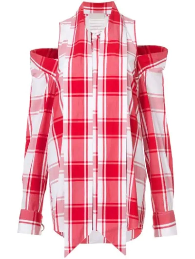 Monse Embellished Cold-shoulder Checked Cotton-poplin Shirt In Red/white