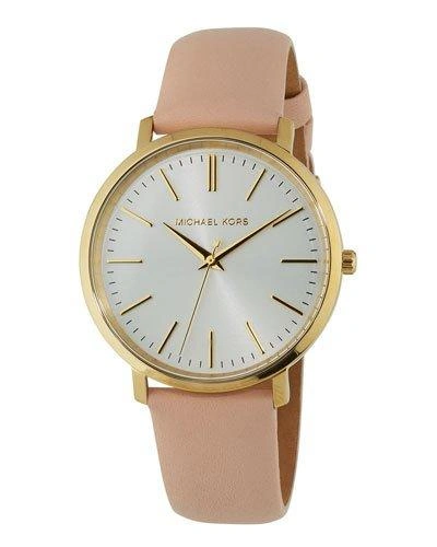 Michael Michael Kors 41.5mm Round Watch W/ Leather Strap, Pink In Gold