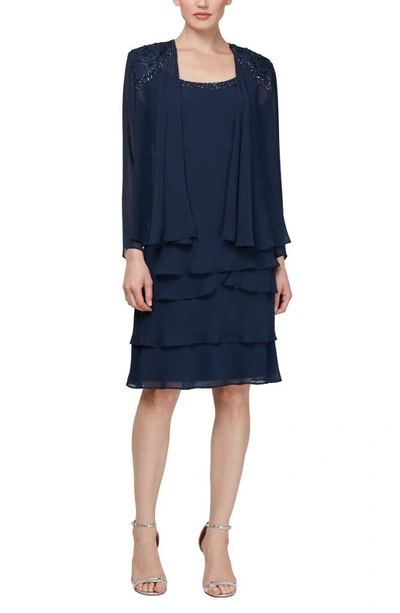 Slny Tiered Chiffon Cocktail Dress With Jacket In Blue