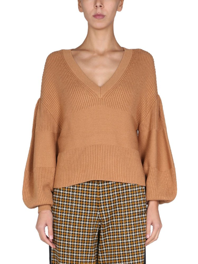 Staud Rye V-neck Ribbed Sweater In Beige