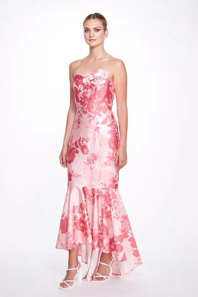 Marchesa Notte Strapless Floral-print Mermaid Dress In Pink