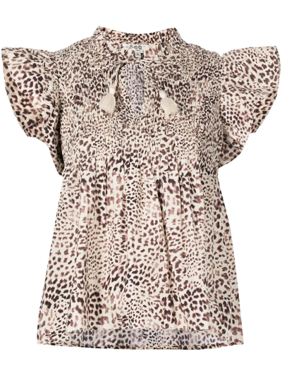Sea Calla Cheetah Flutter Sleeve Smocked Top In Day