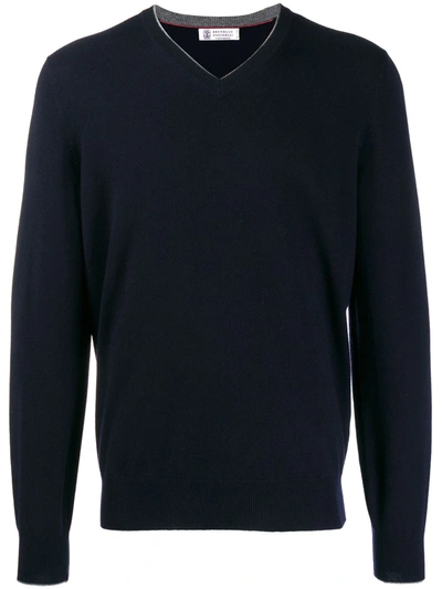 Brunello Cucinelli Cashmere-knit V-neck Jumper In Blue