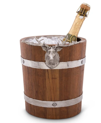 Vagabond House Teak Wood Vintage-inspired Pail Ice, Wine, Champagne Bucket With Pewter Elk Head Accent