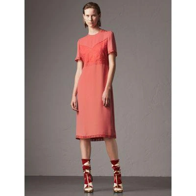 Burberry Chantilly Lace Detail Silk Crepe Marocain Dress In Pink