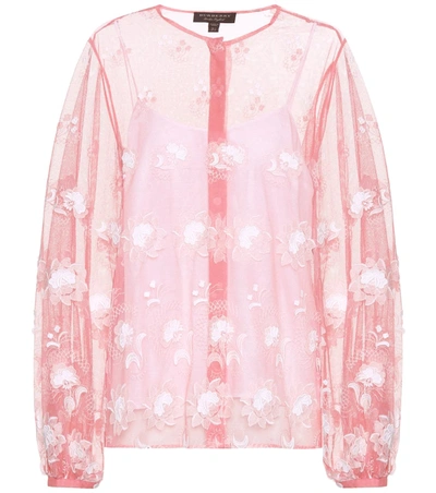 Burberry Puff-sleeve Embroidered Tulle Blouse In Pink