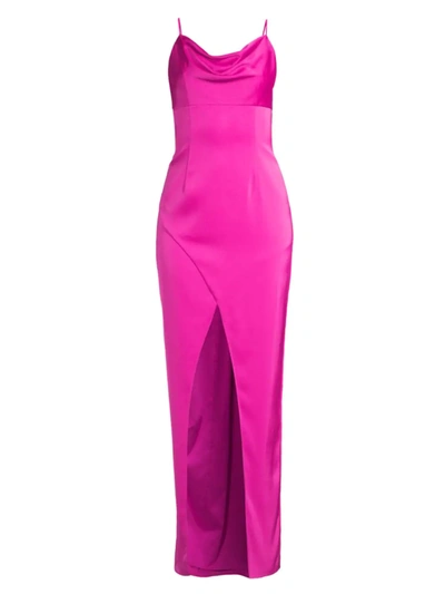 Aidan Mattox Cowl-neck Front-slit Column Gown In Pink Flame