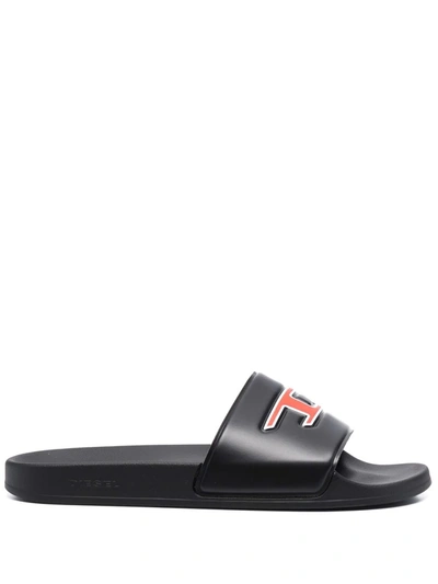 Diesel Men's D-logo Pool Slide Sandals In Black