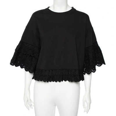 Pre-owned Mcq By Alexander Mcqueen Black Cotton Eyelet Trimmed Ruffled T-shirt S