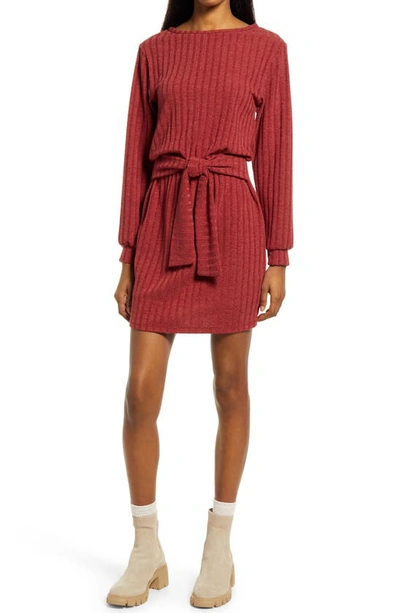 Fraiche By J Tie Front Long Sleeve Dress In Marsala