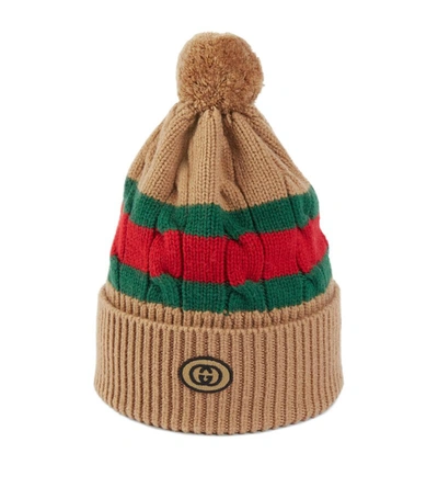 Gucci Cable-knit Striped Wool Beanie In Camel/dark Green