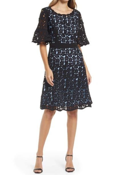 Shani Bell-sleeve Laser-cut Crepe Dress In Black Blue