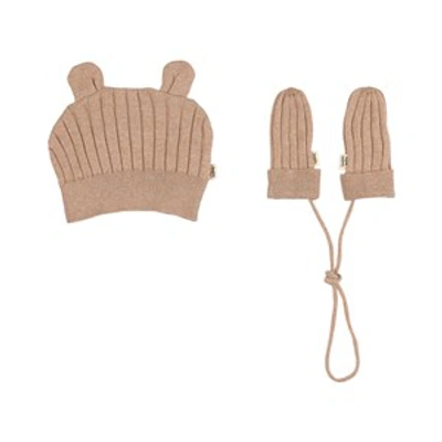 Buddy & Hope Rib-knit Hat And Mittens Set Caramel In Beige