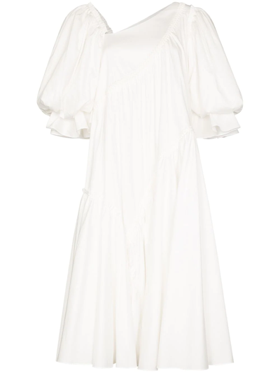 Aje Casabianca Braided Asymmetric Puff Sleeve Midi Dress In Ivory