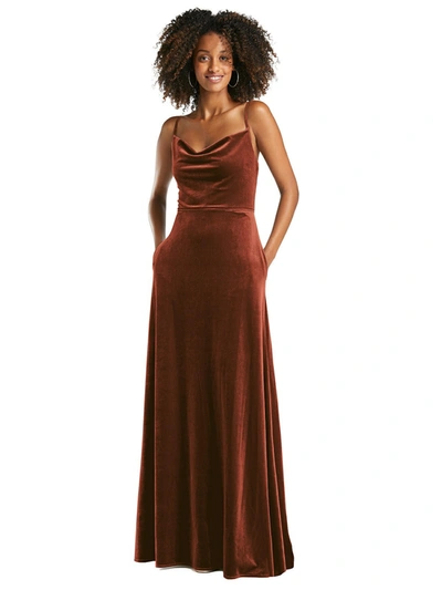After Six Dessy Collection Cowl-neck Velvet Maxi Dress With Pockets In Orange