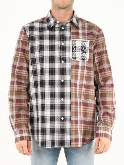 Loewe Patchwork Plaid Cotton Shirt In Brown