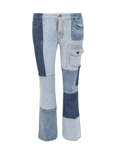 Dsquared2 Blue Cropped Patchwork Pocket-detail Jeans