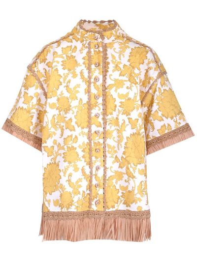 Zimmermann Postcard Fringed Faux Raffia And Woven Shirt In White,yellow