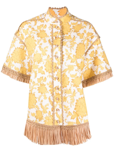 Zimmermann Postcard Fringed Acanthus-print Cotton Shirt In Yellow