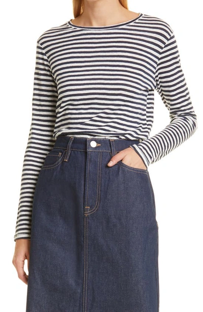Frame Easy Crew Striped Organic Linen-jersey Top In Black,white