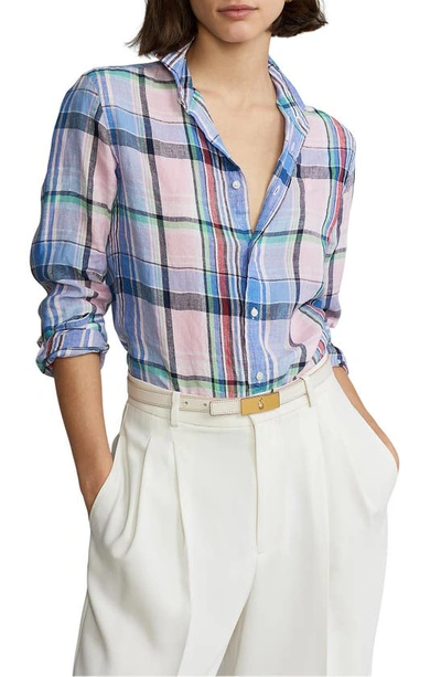 Polo Ralph Lauren Georgia Plaid Slim Linen Shirt In Pink-blue Multi |  ModeSens