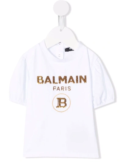 Balmain Babies' Sequin-embellished Logo T-shirt In Bianco