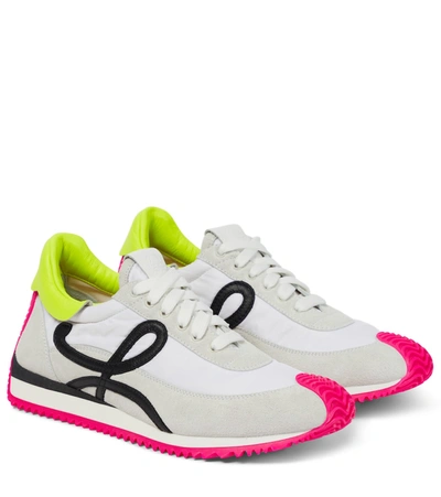Loewe Flow Logo-appliquéd Shell, Leather And Suede Sneakers In Soft White Neon Yellow