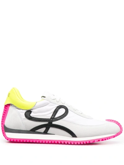 Loewe Flow Logo-appliquéd Shell, Leather And Suede Sneakers In Soft White & Neon Yellow