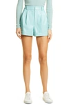 Alice And Olivia Conry Vegan-leather Pleated Cuffed Shorts In Blue
