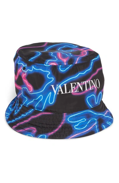 Valentino Garavani Blue & Pink Neon Logo Bucket Hat In As Sample/bianco