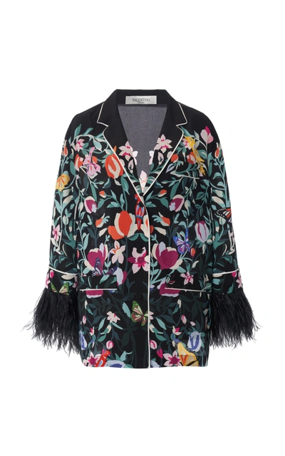 Valentino Feather-trimmed Printed Silk Crepe De Chine Shirt In Black Multi