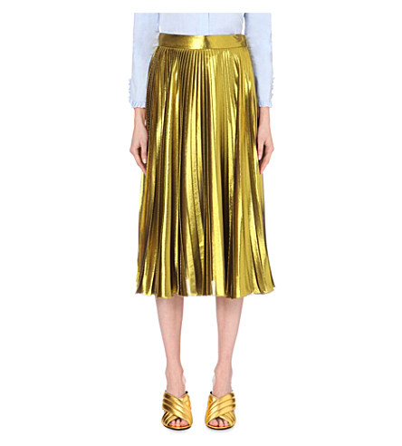 Gucci Metallic Pleated Silk-blend Midi Skirt In Oil Yellow | ModeSens