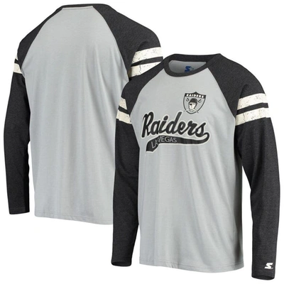 Starter Men's Silver And Black Las Vegas Raiders Throwback League Raglan Long Sleeve Tri-blend T-shirt In Silver,black