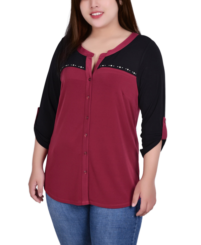Ny Collection Plus Size 3/4 Sleeve Studded Top With Contrast Yoke And Sleeves In Rhododendron,black