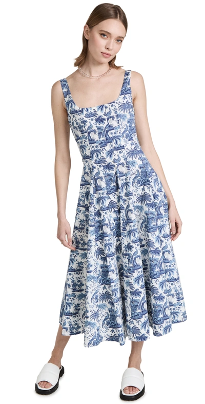 Staud Wells Pleated Printed Stretch-cotton Poplin Midi Dress In China Blue Toile