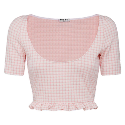 Miu Miu Short-sleeved Jersey Top With Ruching In Pink