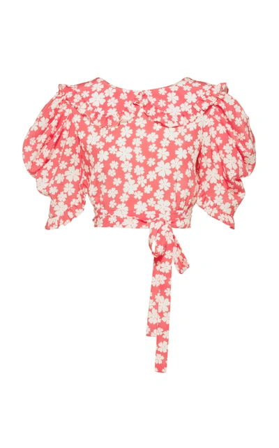 Miu Miu Puff-sleeve Floral Silk Open-back Crop Top
