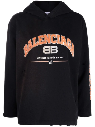 Balenciaga Distressed Printed Cotton-jersey Hoodie In Black