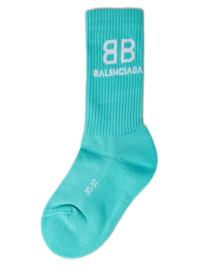 Balenciaga Logo-intarsia Ribbed Cotton-blend Socks In Blue