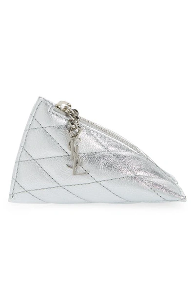 Saint Laurent Berlingo Quilted Metallic Leather Bag Charm In Silver