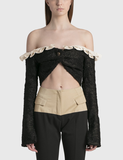 Aaizél + Net Sustain Off-the-shoulder Cropped Ruffled Tencel-trimmed Bouclé-knit Cardigan In Black